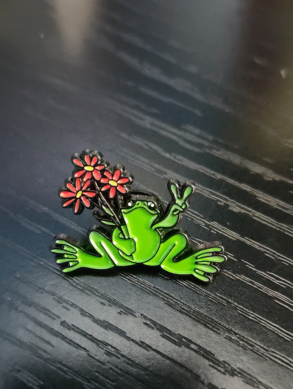 Green Peace Frog Enamel Pin with Red Flowers